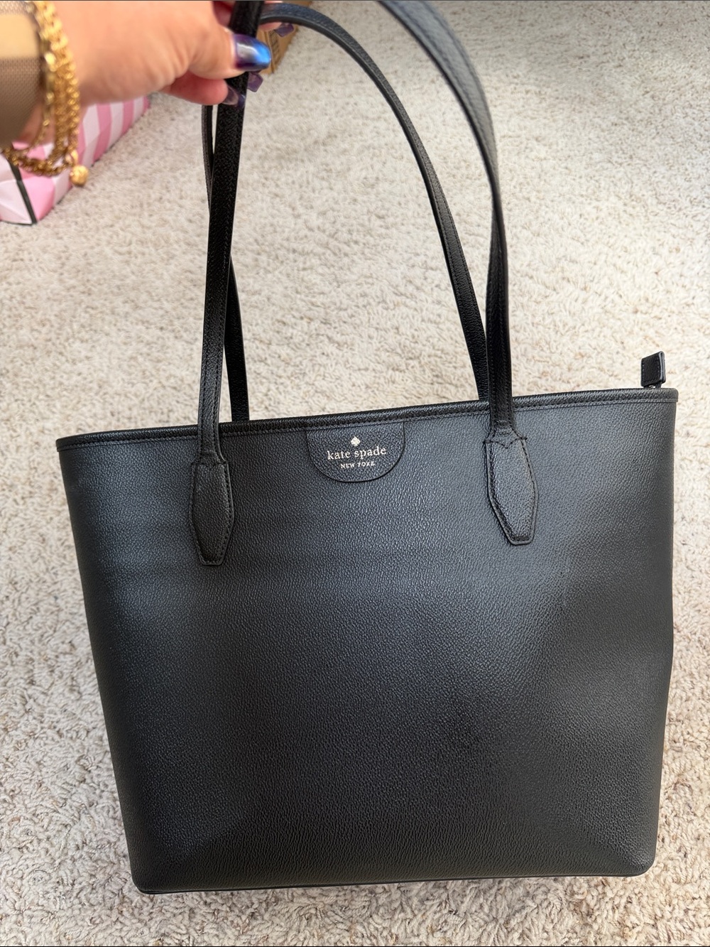 kate spade black leather tote bag with double shoulder straps